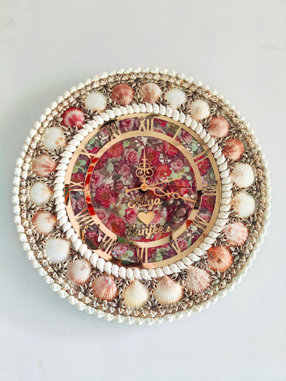 Eternal Bloom: Personalized name Seashell Wall Clock with Floral Dial - Shellkrafts