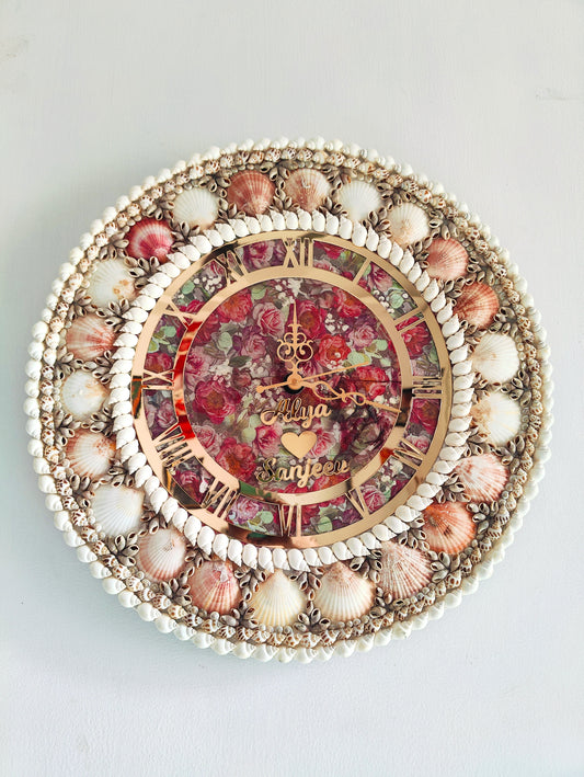 Eternal Bloom: Personalized name Seashell Wall Clock with Floral Dial