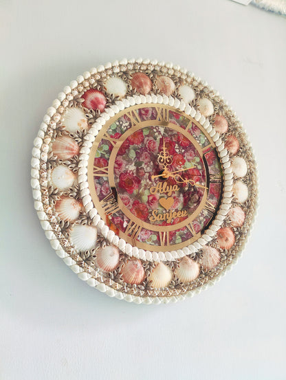 Eternal Bloom: Personalized name Seashell Wall Clock with Floral Dial - Shellkrafts