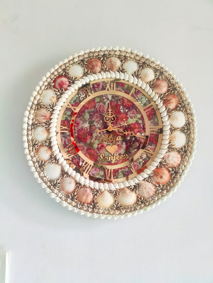 Eternal Bloom: Personalized name Seashell Wall Clock with Floral Dial - Shellkrafts
