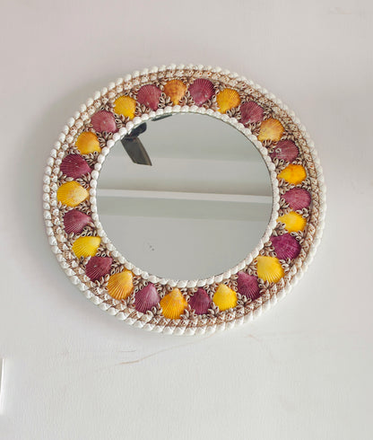 Handcrafted Seashell Wall Mirror – Round Coastal Decor with Yellow & Purple Shells - Shellkrafts