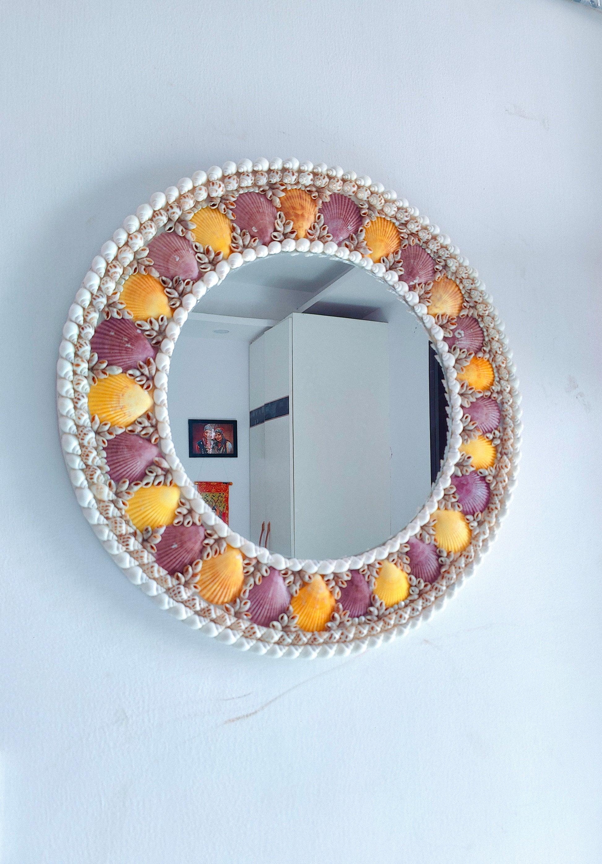 Handcrafted Seashell Wall Mirror – Round Coastal Decor with Yellow & Purple Shells - Shellkrafts