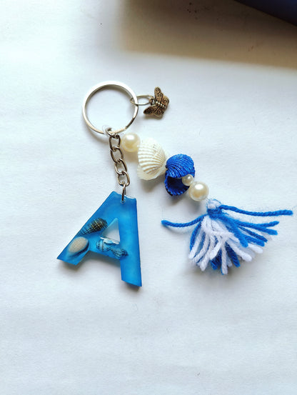 Ocean-Themed Resin Alphabet Keychain with Shell Beads & Tassel - Shellkrafts