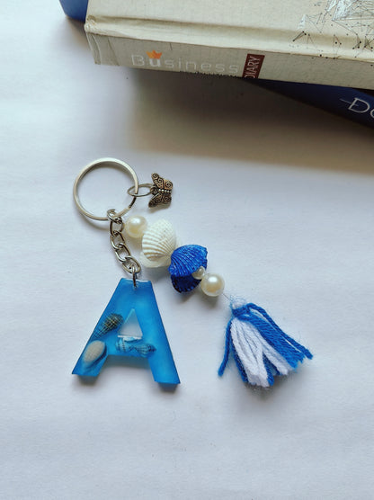 Ocean-Themed Resin Alphabet Keychain with Shell Beads & Tassel - Shellkrafts