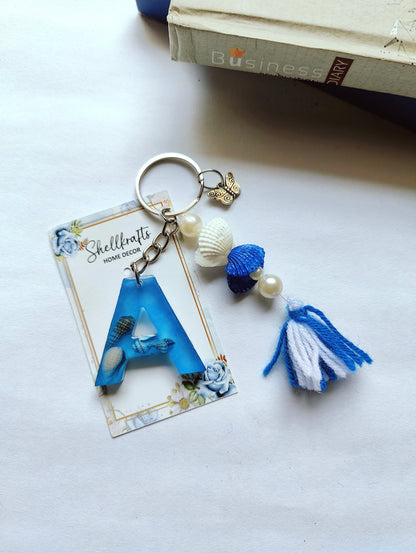 Ocean-Themed Resin Alphabet Keychain with Shell Beads & Tassel - Shellkrafts