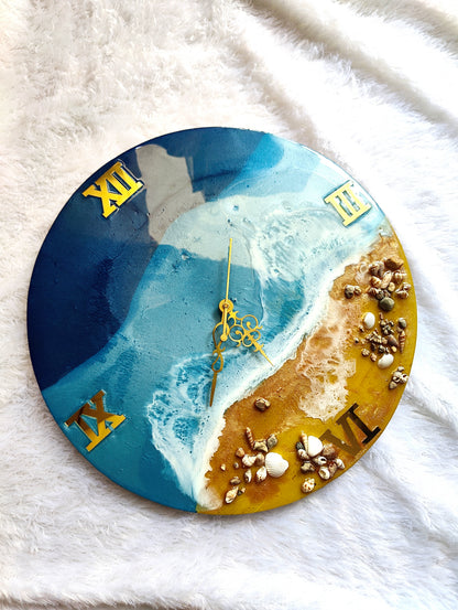 Ocean Shore Resin Wall Clock with Real Seashells - Shellkrafts