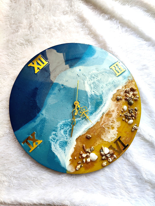 Ocean Shore Resin Wall Clock with Real Seashells