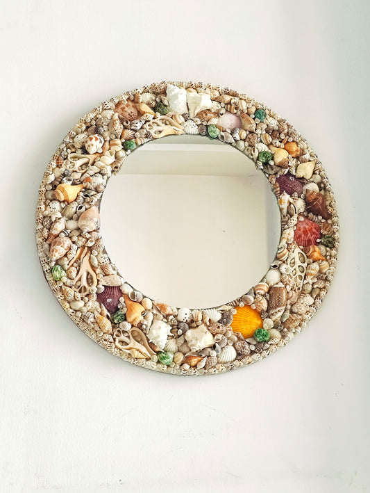 Handcrafted Coastal Seashell Mirror – Round Decorative Wall Mirror (20” Diameter)  Product Description: