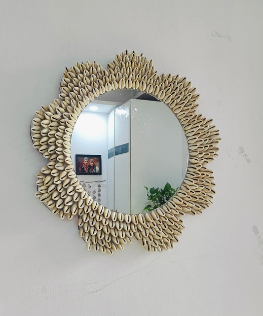 Sunflower Cowrie Shell Wall Mirror – Handcrafted Coastal Boho Décor 19inch - Shellkrafts