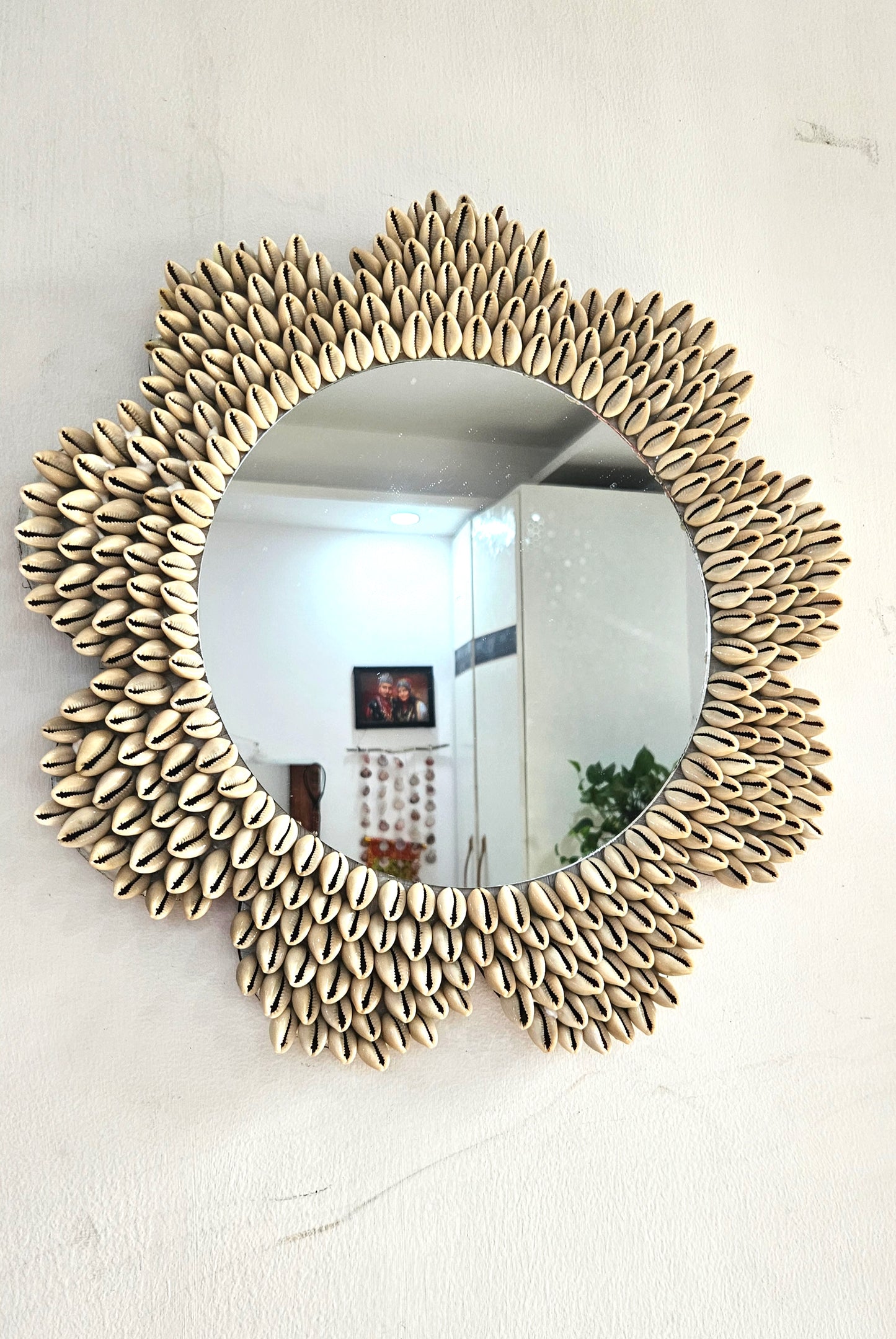Sunflower Cowrie Shell Wall Mirror – Handcrafted Coastal Boho Décor 19inch - Shellkrafts