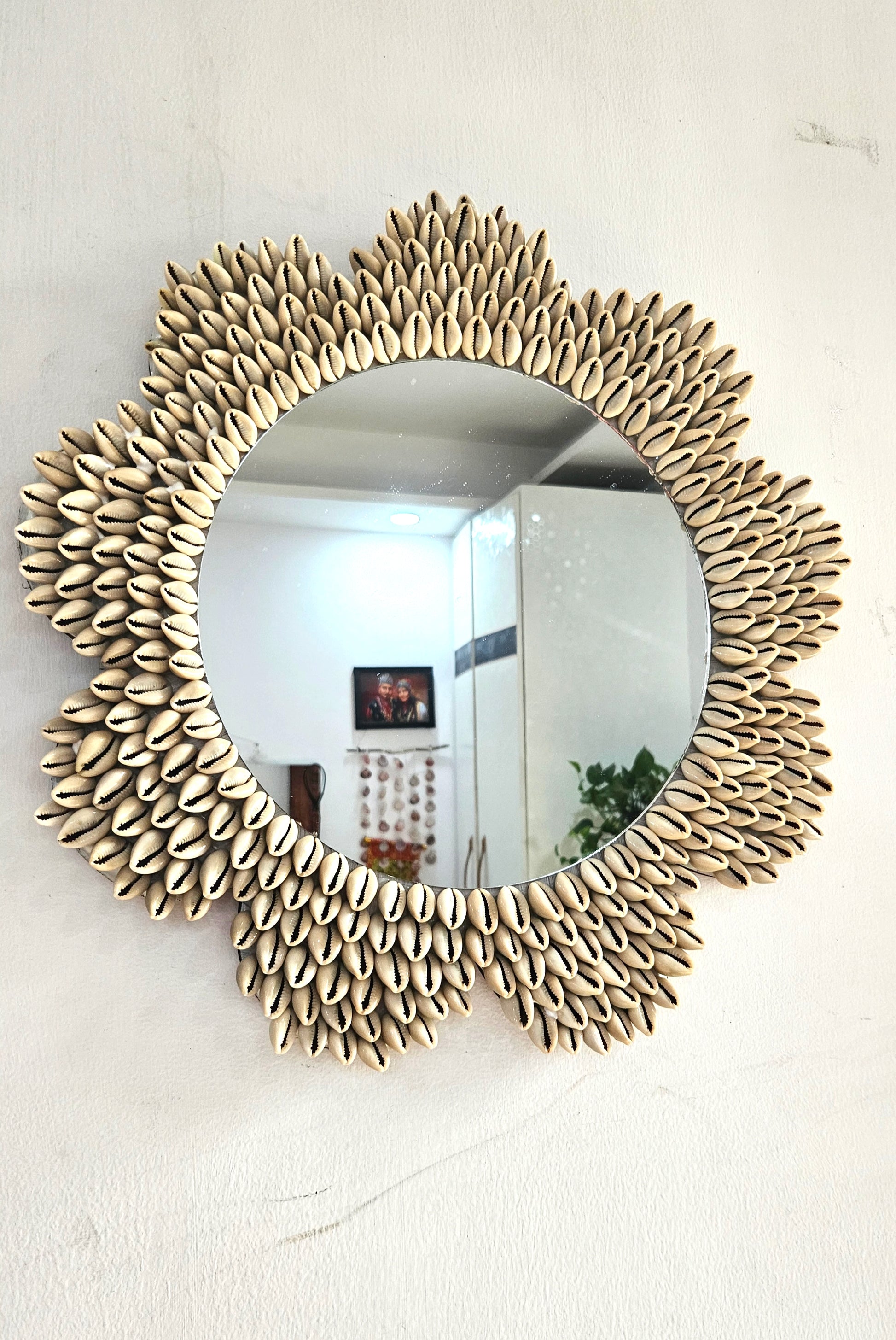 Sunflower Cowrie Shell Wall Mirror – Handcrafted Coastal Boho Décor 19inch - Shellkrafts