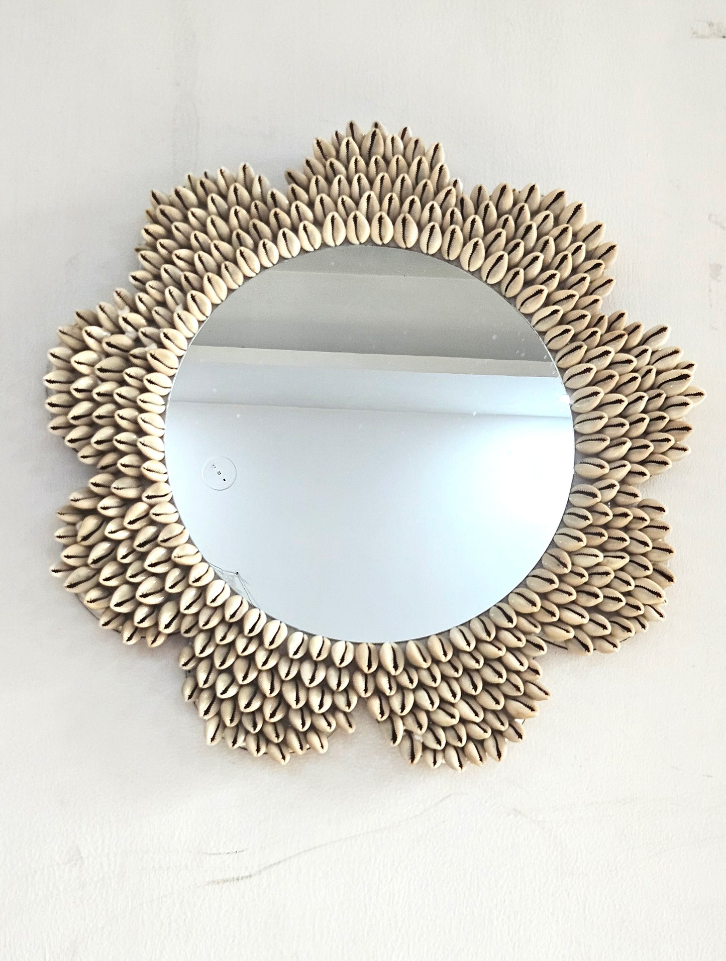 Sunflower Cowrie Shell Wall Mirror – Handcrafted Coastal Boho Décor 19inch - Shellkrafts