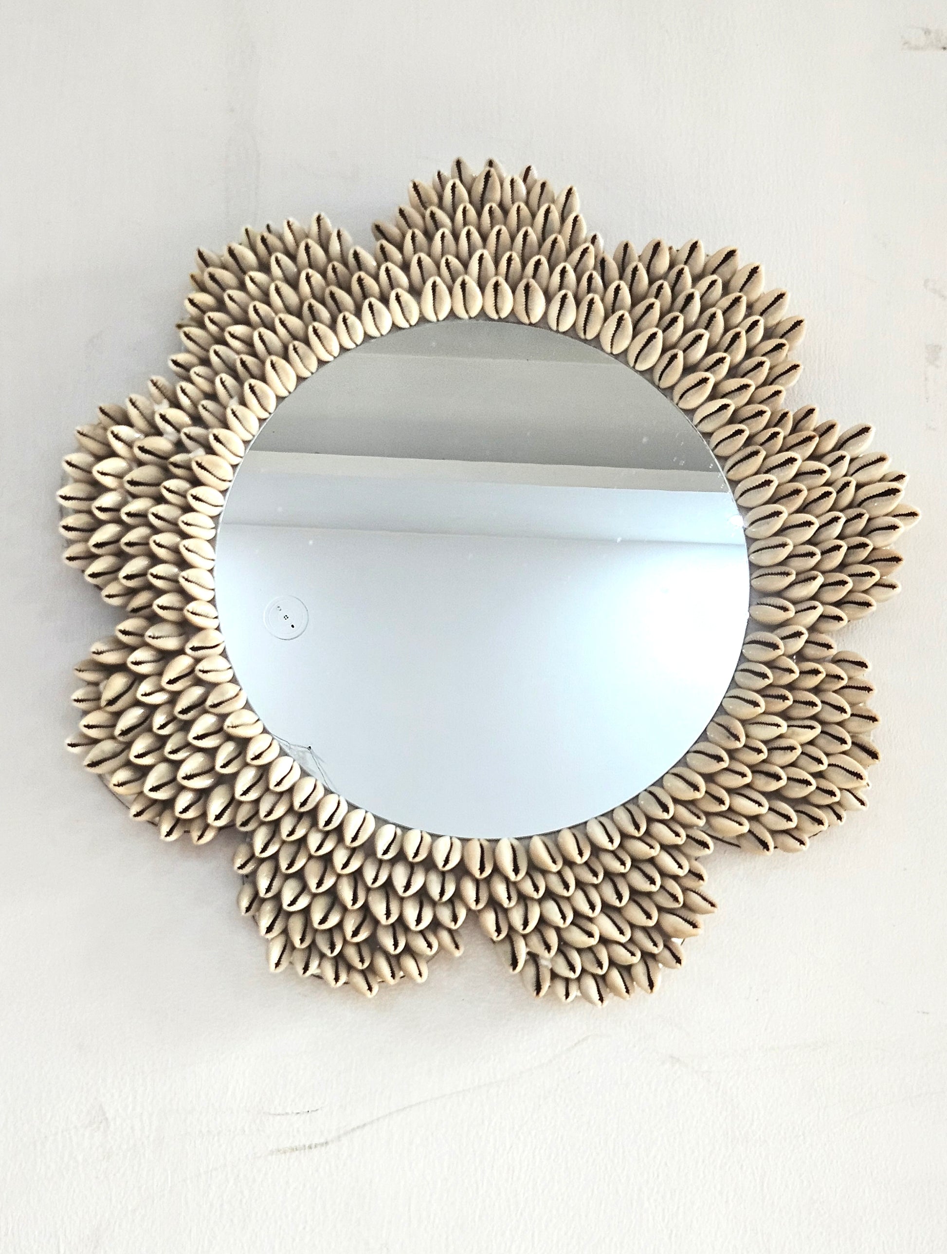 Sunflower Cowrie Shell Wall Mirror – Handcrafted Coastal Boho Décor 19inch - Shellkrafts
