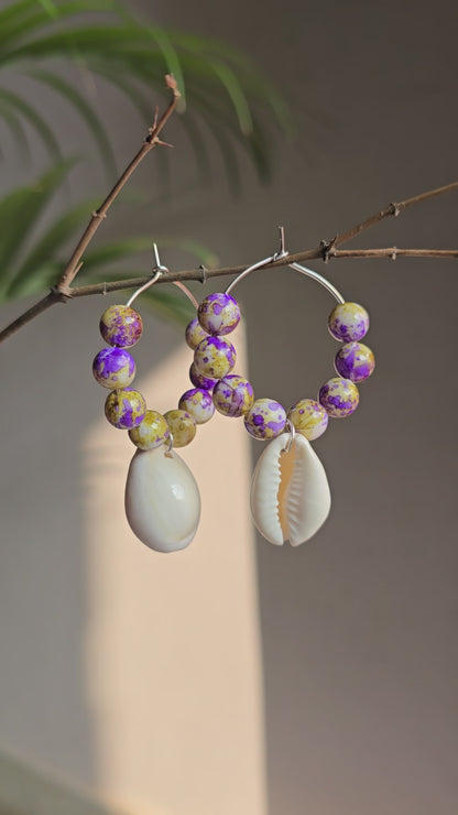 Purple beads Shell Hoop Earrings