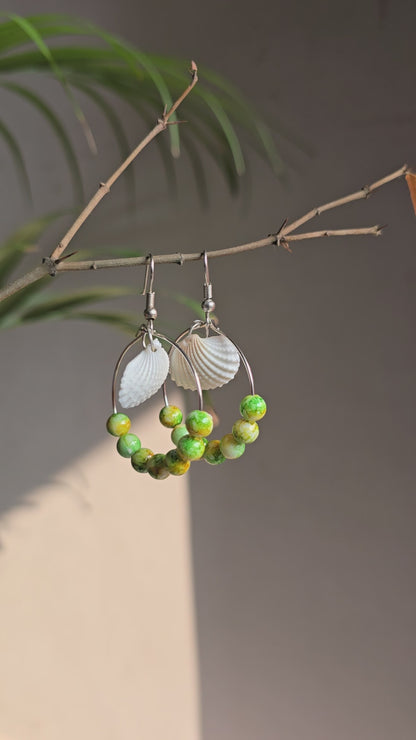 Shell Hoop Earrings with Green Stone Beads